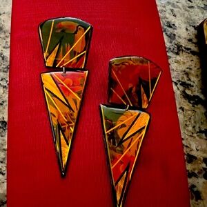 John Crutchfield Metallic Art pierced earrings, 3.5” long, signed by artist